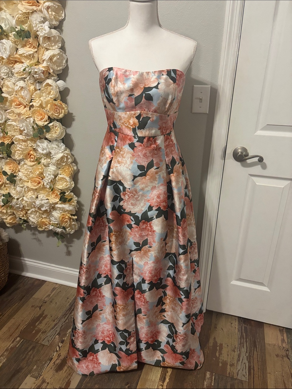 Sachin + Babi Strapless Floral Satin Gown in Peach, Blush, Green